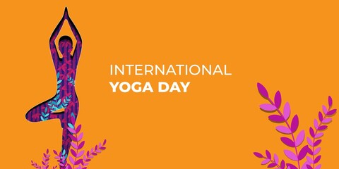 Illustration for international yoga day,  women are doing yoga in garden with beautiful plants in backdrop.