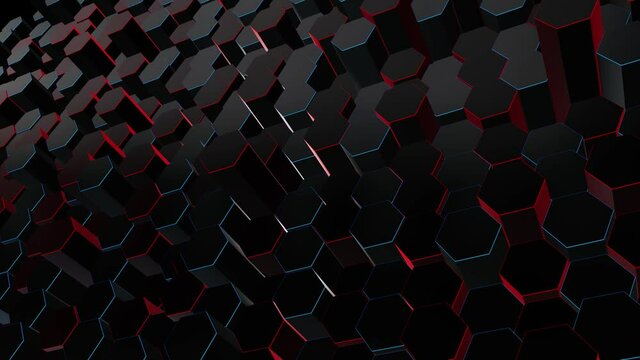 3d hexagon shapes with glowing blue and red neon lights background ,hexagon pattern chrome and metallic surface ,abstract loop animation footage