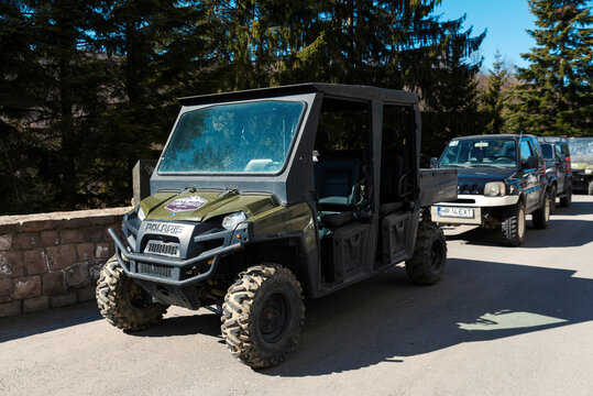 28 March 2019 Transylvania, Romania Team building with Polaris ranger and Suzuki Jimny with off-road vehicles Selective focus