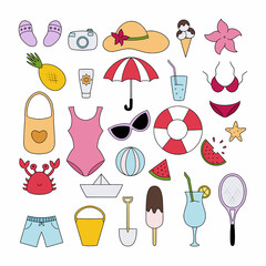 A large set with summer items for vacation, vacation and travel. Vector illustration in doodle style.