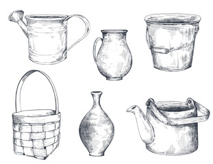 Set of black and white hand drawn vector vases, basket. kettle, watering can, pitcher - obrazy, fototapety, plakaty
