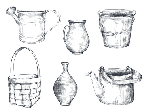 Set of black and white hand drawn vector vases, basket. kettle, watering can, pitcher