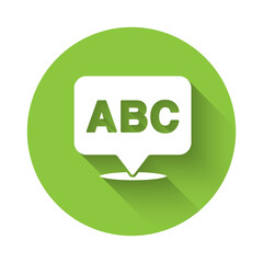 White Alphabet icon isolated with long shadow. Green circle button. Vector