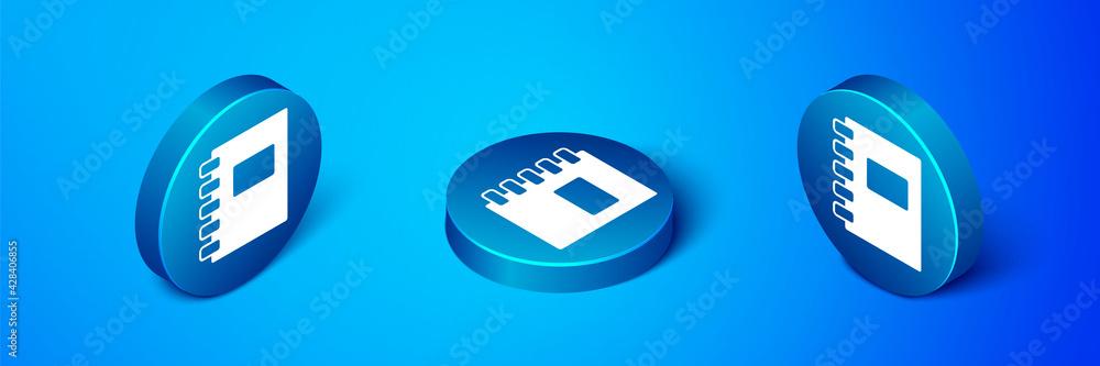 Poster isometric notebook icon isolated on blue background. spiral notepad icon. school notebook. writing p