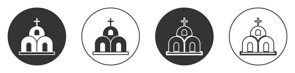 Black Church building icon isolated on white background. Christian Church. Religion of church. Circle button. Vector