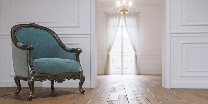 rendu 3d d'un int&eacute;rieure de type haussmannien avec fauteuil