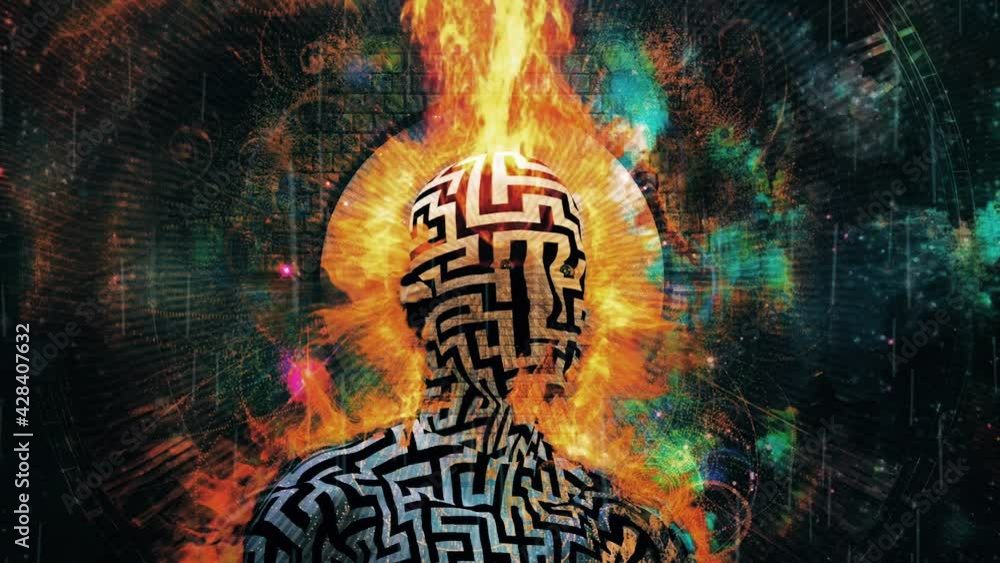 Poster burning man with maze pattern. clock face and vivid universe background