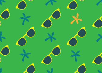 Summer. yellow sunglasses on a green background. Seamless texture.
