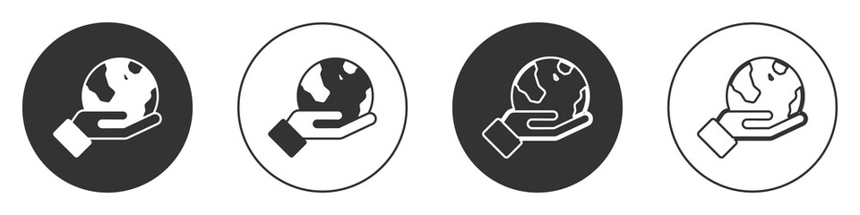 Black Human hand holding Earth globe icon isolated on white background. Save earth concept. Circle button. Vector