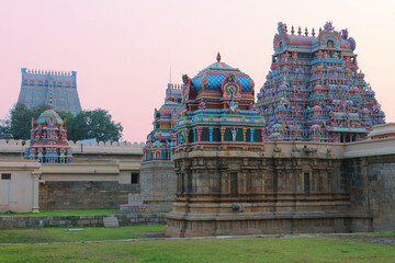 Gopuram Hindu temple in South India. Architecture of the temple of Vishnu in Sri Rangam. Ranganath temple in Tiruchchirappalli, Tamil Nadu.