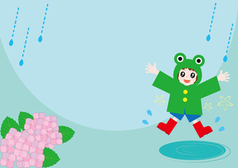 Jumping Child Wearing Frog Raincoat in the Rain