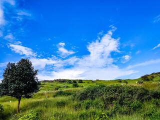 mountain side view with bright blue sky from flat angle in day