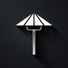 Silver Traditional Japanese umbrella from the sun icon isolated on black background. Long shadow style. Vector