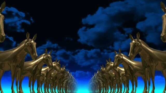 Golden horses. 3D. Sculptures in rows in perspective against a blue sky.