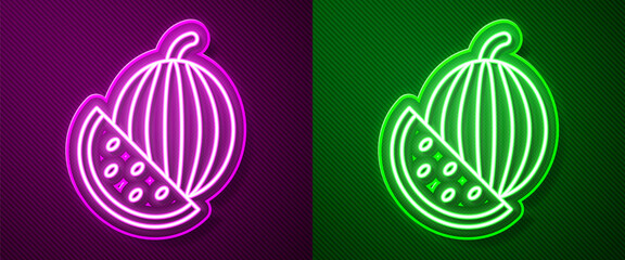 Glowing neon line Watermelon icon isolated on purple and green background. Vector