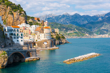 Fototapeta na wymiar Panoramic view of Atrani - Italian seaside town on coastline of Tyrrhenian Sea