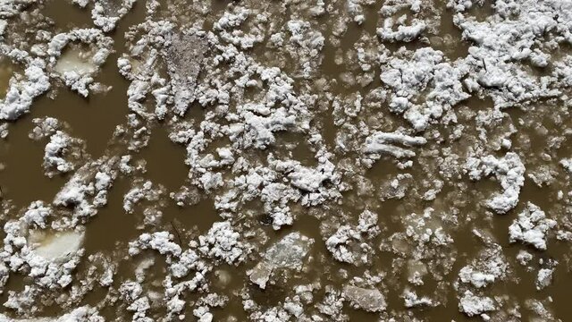 The movement of ice floes on the river during an ice drift in the spring.