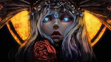 A cute vampire girl with a doll face, huge blue eyes, lots of jewelry on her head, and a huge blood rose on her jacket, with a huge golden sun behind her. 2d illustration.