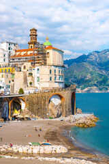 Panoramic view of Atrani - Italian seaside town on coastline of Tyrrhenian Sea