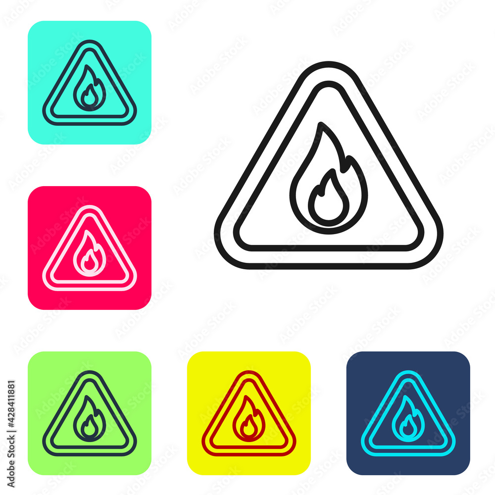 Poster black line fire flame in triangle icon isolated on white background. warning sign of flammable produ