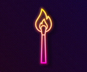 Glowing neon line Burning match with fire icon isolated on black background. Match with fire. Matches sign. Vector