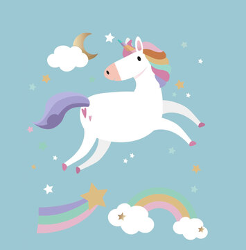 Unicorn with magical elements Clouds Stars Crescent Moon Rainbow Cute Animal Art Simple Flat Cartoon on Color background