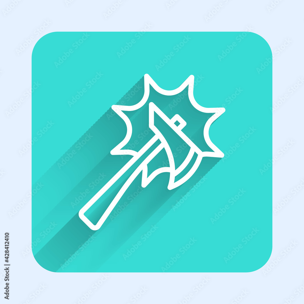 Poster white line firefighter axe icon isolated with long shadow. fire axe. green square button. vector
