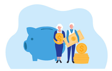 Pension Savings Concept, senior people holding dollar and banknotes vector illustration. Pension fund and money savings concept
