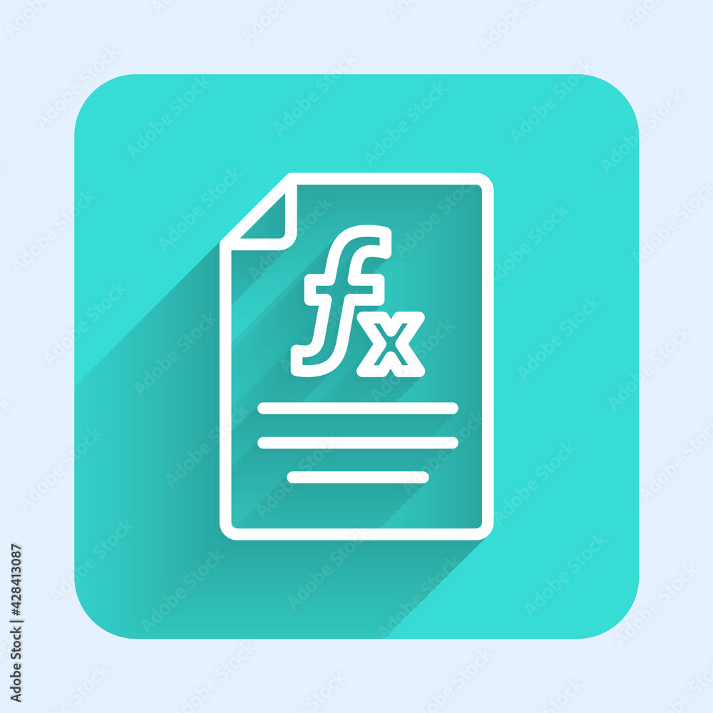 Poster white line function mathematical symbol icon isolated with long shadow. green square button. vector