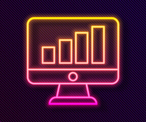 Glowing neon line Computer monitor with graph chart icon isolated on black background. Report text file. Accounting sign. Audit, analysis, planning. Vector