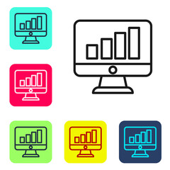Black line Computer monitor with graph chart icon isolated on white background. Report text file. Accounting sign. Audit, analysis, planning. Set icons in color square buttons. Vector