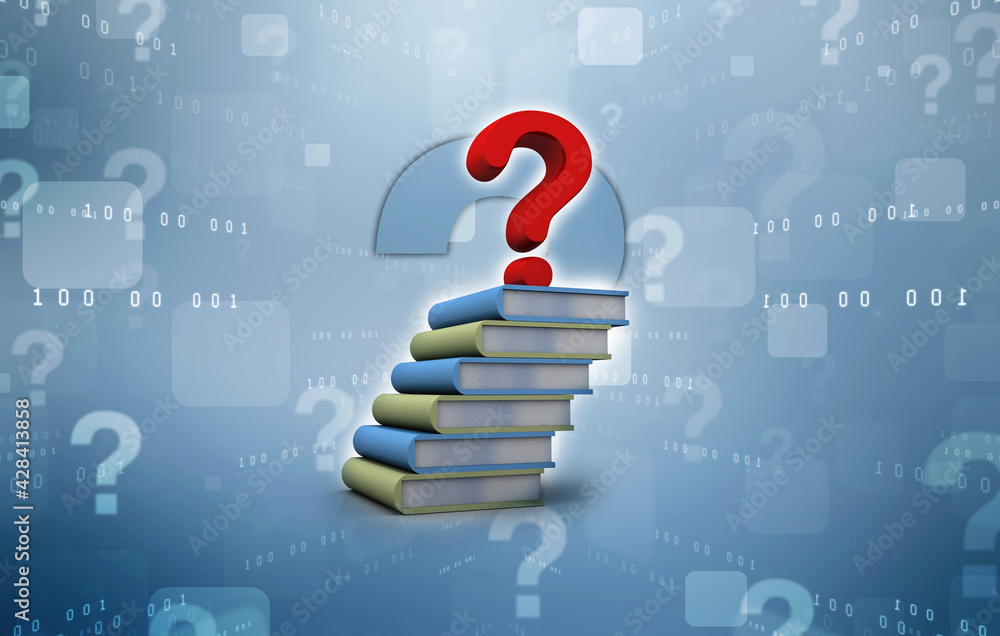 Poster 3d rendering books with question mark symbol