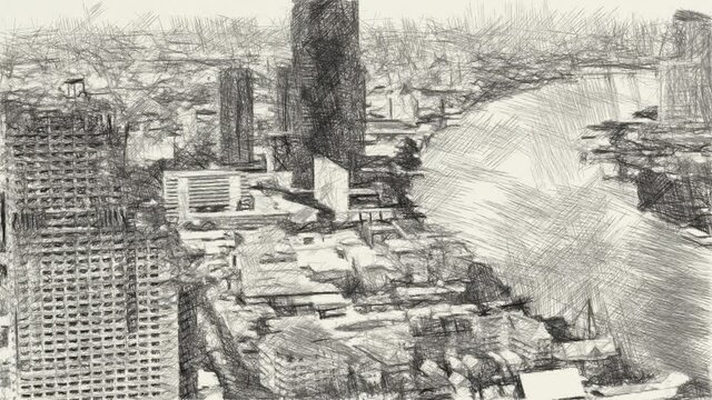 art drawing black and white of cityscape background