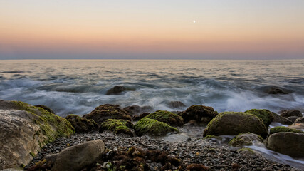 Rocks in the Crimea at sunset. Beautiful sunset on the sea. Crimean landscape. Evening on the Black Sea. Adalara rocks in Gurzuf.