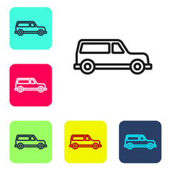 Fototapeta premium Black line Hearse car icon isolated on white background. Set icons in color square buttons. Vector