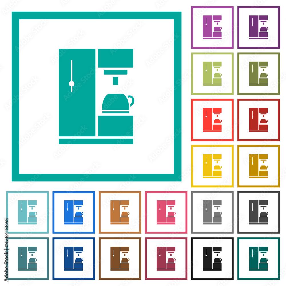 Poster coffee machine flat color icons with quadrant frames