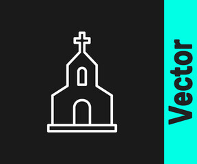 Obraz premium White line Church building icon isolated on black background. Christian Church. Religion of church. Vector