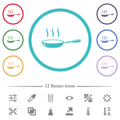 Glossy steaming frying pan flat color icons in circle shape outlines
