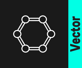 White line Molecule icon isolated on black background. Structure of molecules in chemistry, science teachers innovative educational poster. Vector