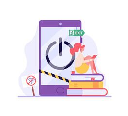 Woman reading a book without gadgets. Concept of digital detox, disconnecting, abandoning internet, device free zone, internet addiction, no mobile. Vector illustration in flat design.