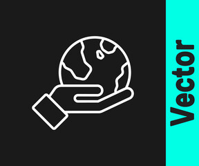 White line Human hand holding Earth globe icon isolated on black background. Save earth concept. Vector