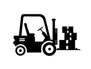 Forklift icon. Forklift, pallet with folded boxes, cargo. Cargo delivery, delivery, transportation. Vector illustration isolated on white background.