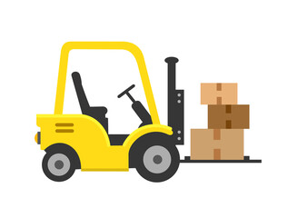 Forklift icon. Forklift, pallet with folded boxes, cargo. Cargo delivery, delivery, transportation. Vector illustration isolated on white background.