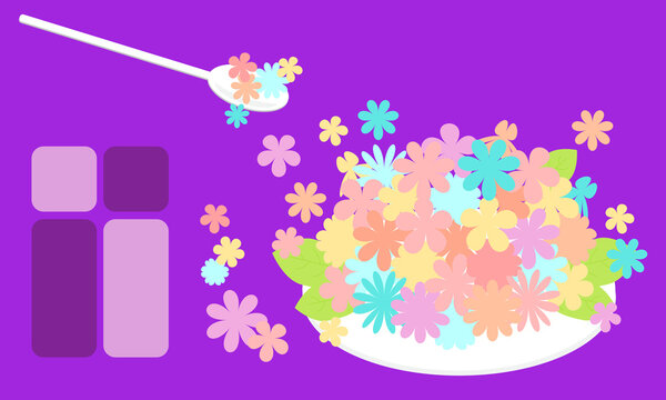 カラフルな小花をお皿に盛ったイラスト｜Illustration of colorful florets on a plate