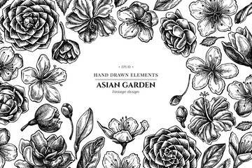 Floral design with black and white hibiscus, plum flowers, peach flowers, sakura flowers, magnolia flowers, camellia japonica