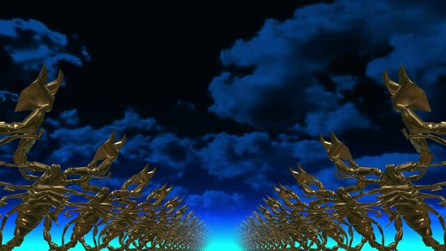Golden scorpions. 3D. Sculptures in rows in perspective against a blue sky.