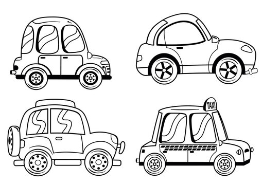 Black and White Set of Vector Illustration Cars. 