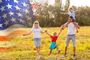 Family Posing With American Flag, usa flag