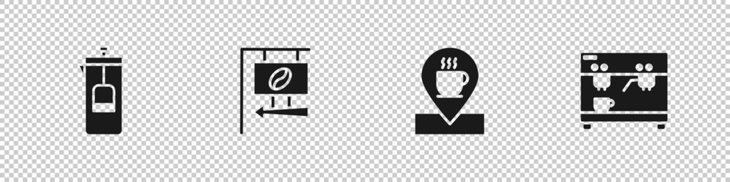 Set French press, Street signboard coffee, Location with cup and Coffee machine icon. Vector