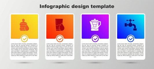 Set Big bottle with clean water, Glass, Water jug filter and tap. Business infographic template. Vector
